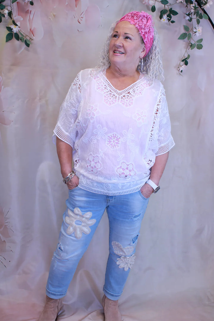 Pitsikirjailtu puuvillapusero - Eila